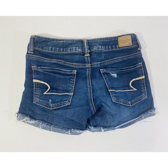 American Eagle Womens Jean Shorts Sz 2 Stretch Denim Cuffed Booty Mini Raw Hem - Picture 2 of 8